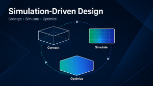 Illustration of a Concept, Simulate, Optimize workflow loop, with a wireframe component, an FEA-style mesh panel, and a gradient-optimized hexagon connected in a circular design iteration loop