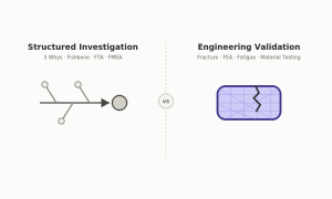 Comparison illustration of structured RCFA investigation tools — 5 Whys, Fishbone, FTA, FMEA — versus engineering validation tools — fracture mechanics, FEA, fatigue, material testing