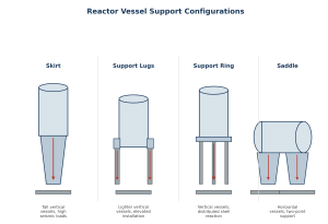 Skirt, support lug, support ring and saddle configurations, with typical use cases.