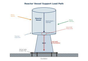 Load path from the reactor vessel shell through the skirt to the anchor bolts and foundation.