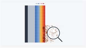 Cross-section illustration of an industrial furnace refractory lining showing the hot face crumbling into fine dust particles, with a magnifying glass diagnostic badge over the degraded zone