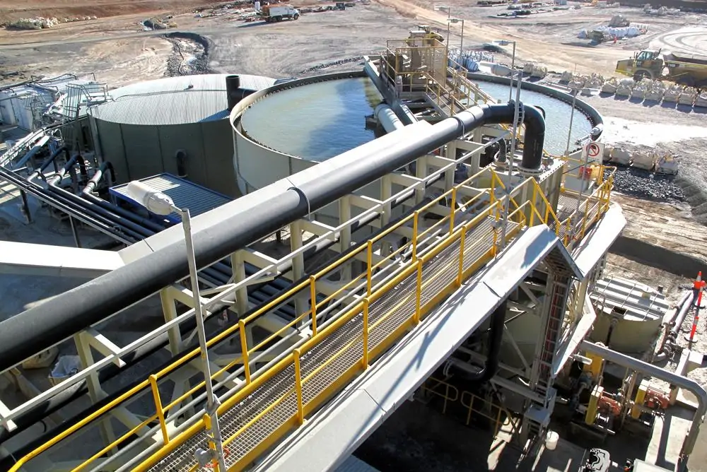 Mineral processing tanks, pipework and access platforms viewed from above