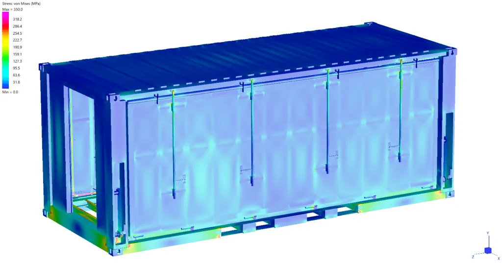 Von Mises stress contours on a container-like steel enclosure, including its frame and door connections