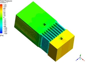 CFD simulation of airflow through horizontal splitter attenuator in the M4-M5 Link tunnel project, illustrating pressure loss analysis across porous splitter domains and surrounding infrastructure.