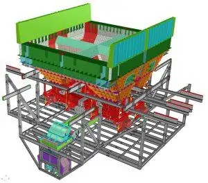 Engineering model of BlueScope Steel’s 3UL Discharge System showing discharge hopper, transfer conveyor, and truck loading chute designed for bulk material handling at Port Kembla Steelworks.