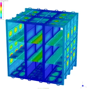 FEA model of horizontal attenuator casing and splitter design for Sydney Metro Central Station, analyzed under airflow, thermal, and seismic loads per AS 4100