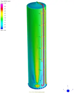 Finite element analysis of a 350 kL water storage tank showing stress distribution under seismic, wind, hydrostatic, and design pressure loads
