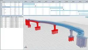 Concrete bridge design software model showing structural analysis and reinforcement design for a prestressed concrete bridge.