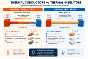 Comparison diagram of thermal conductors and insulators illustrating heat flow differences in engineering materials.