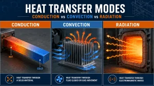 Engineering diagram comparing conduction, convection, and radiation heat transfer in industrial systems and thermal design applications