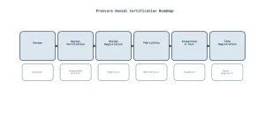 Flowchart of the Australian pressure vessel certification roadmap showing six sequential stages — Design, Design Verification, Design Registration, Fabrication, Inspection and Test, and Item Registration — each labelled with its primary responsible party: Designer, Independent Verifier, Regulator, Manufacturer, Inspector, and Owner/Regulator.