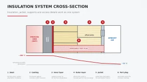 Cross-section diagram of a reactor pressure vessel insulation system showing the hot process side, steel shell, coating, inner and outer insulation layers with offset joints, a sealed metal jacket, a removable inspection port plug and an illustrative temperature profile falling from about 380 degrees Celsius to ambient.