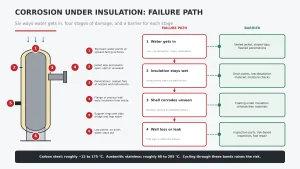 Diagram of corrosion under insulation on a vessel showing six water ingress points, including the top head, jacket seams, nozzle penetrations, flanges, support rings and low points, linked to a four-stage failure path from water ingress to wall loss, each stage paired with a preventive barrier.