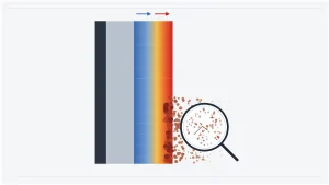 Cross-section illustration of an industrial furnace refractory lining showing the hot face crumbling into fine dust particles, with a magnifying glass diagnostic badge over the degraded zone